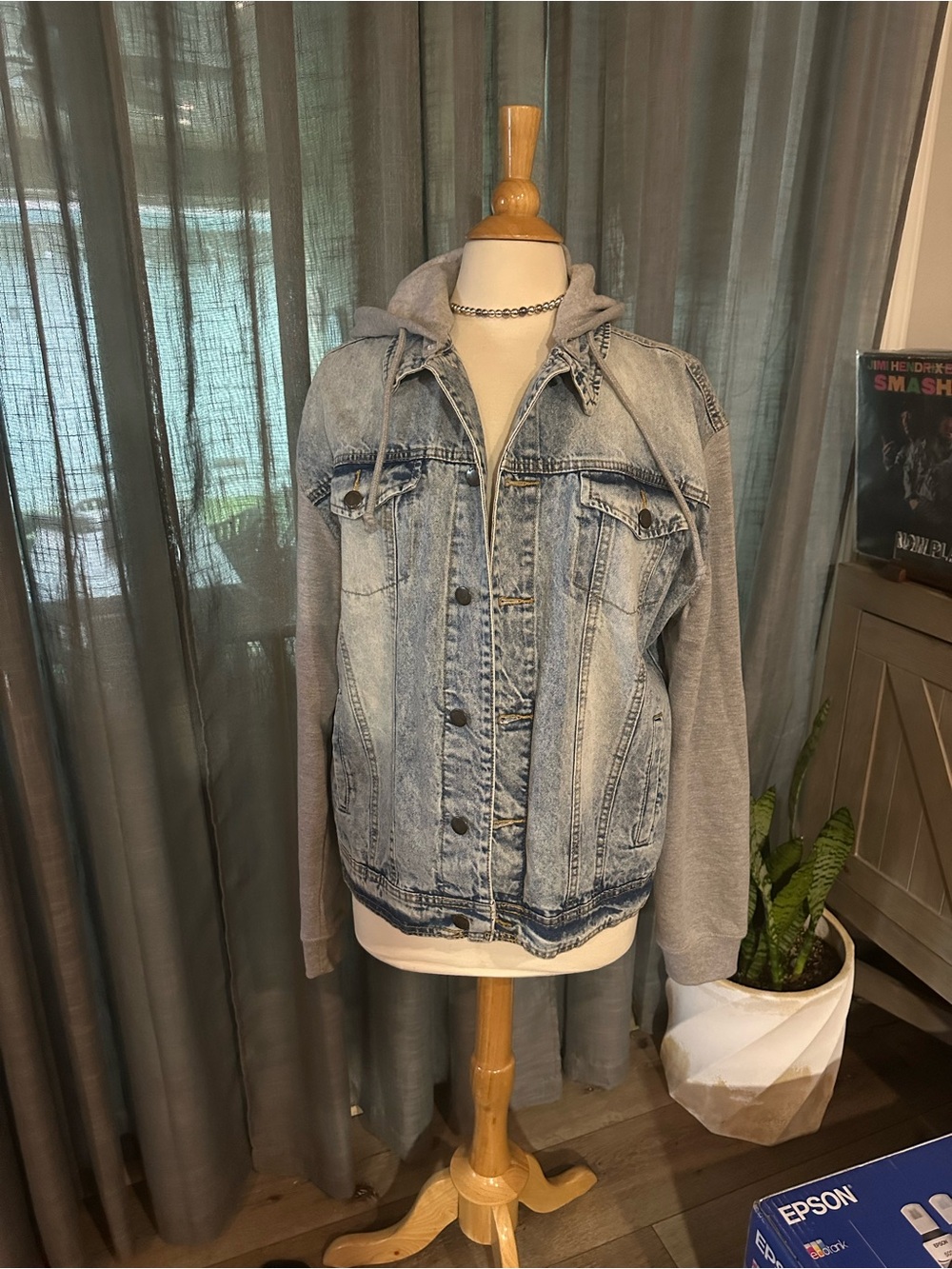 Light Wash Denim Jacket with Grey Knit Hoodie and Sleeves